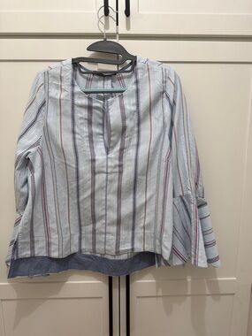 BCBGMaxAzria Light Blue & White Striped Shirt with Subtle Multicolor Stitch